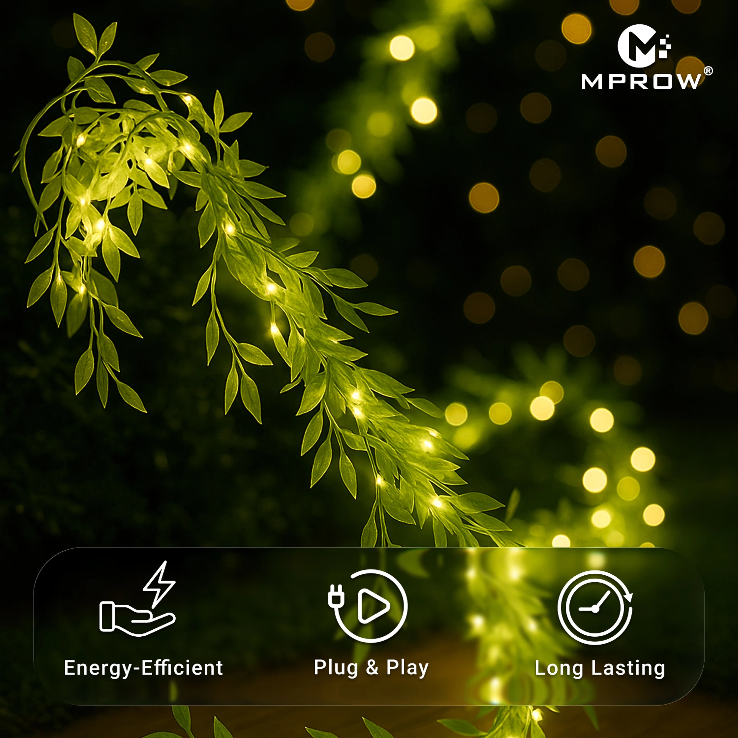 Warm White Decorative LED Lights with Green Leaves for Wall | 3mtr