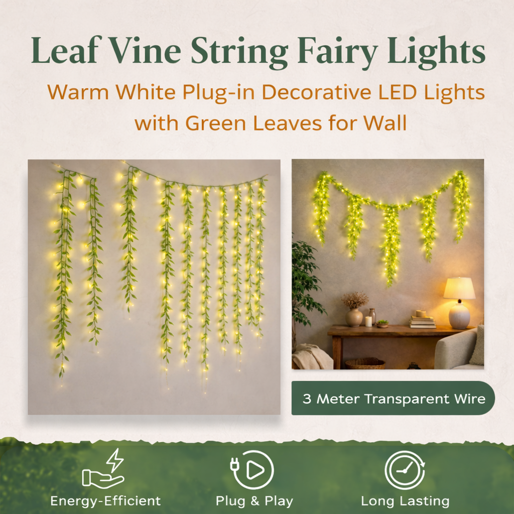 Warm White Decorative LED Lights with Green Leaves for Wall | 3mtr